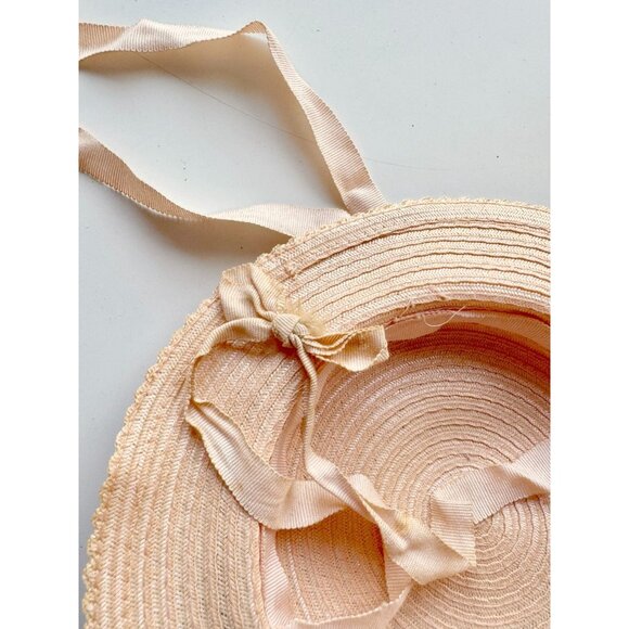 Vintage Pale Peach Pink Staw Faux Floral Grosgrain Ribbon Boater Hat - Picture 12 of 14